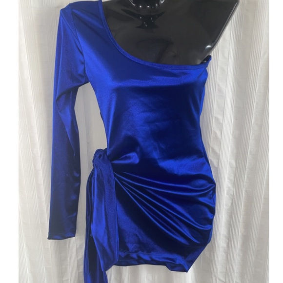 New Sexy Blue Satin Cut Out Mini Freakum Dress, Size Small - Picture 2 of 5